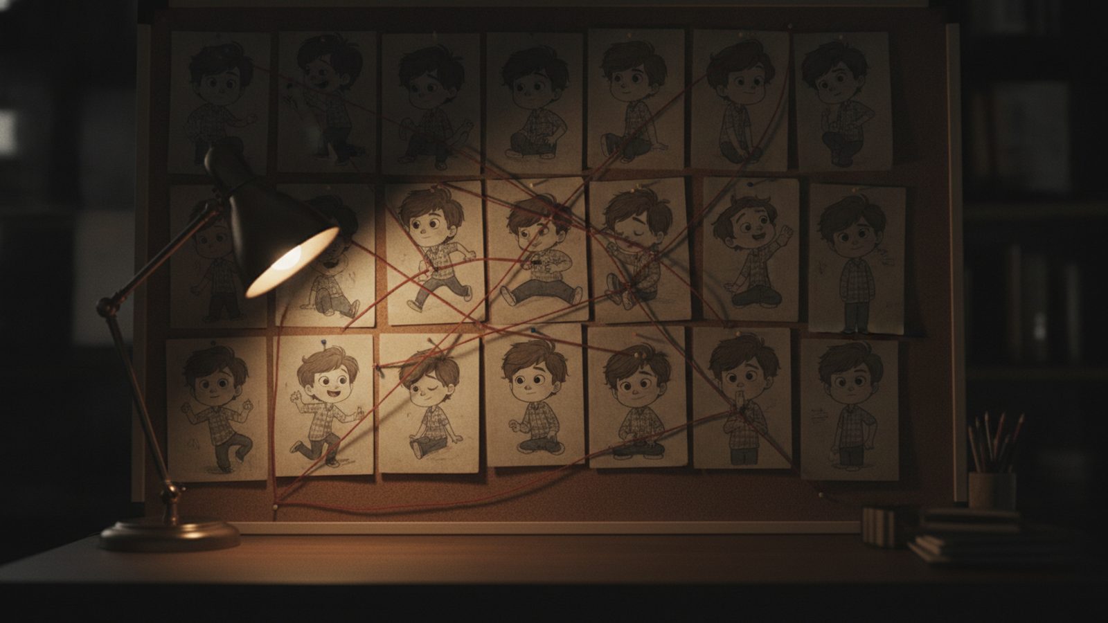 Character reference sheets pinned to a director's board
