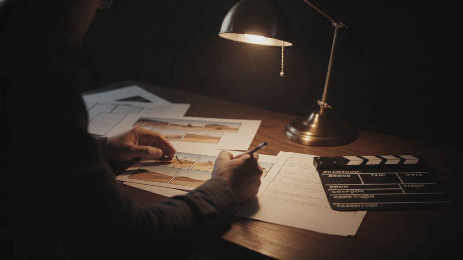Storyboards and a shot list on a director's desk