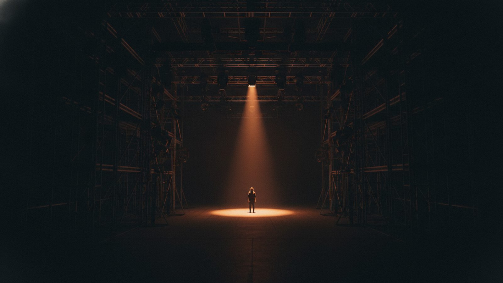 A lone creator inside a vast empty soundstage