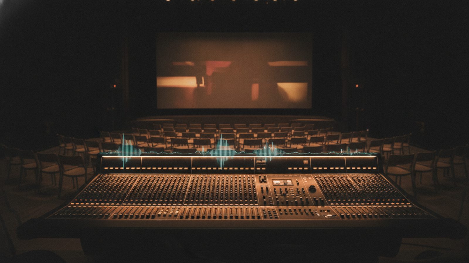A film scoring stage with a glowing mixing console